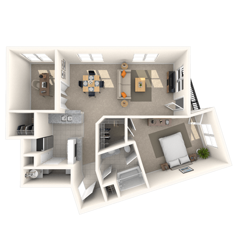 Floor plan for 1 bed, 1 bath, 890 sqft